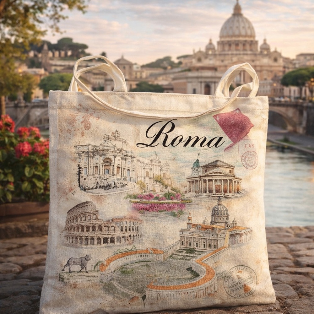 Milano Roma Beautifully Illustrated Borso Tote 15x15" purchased in Italy NWT